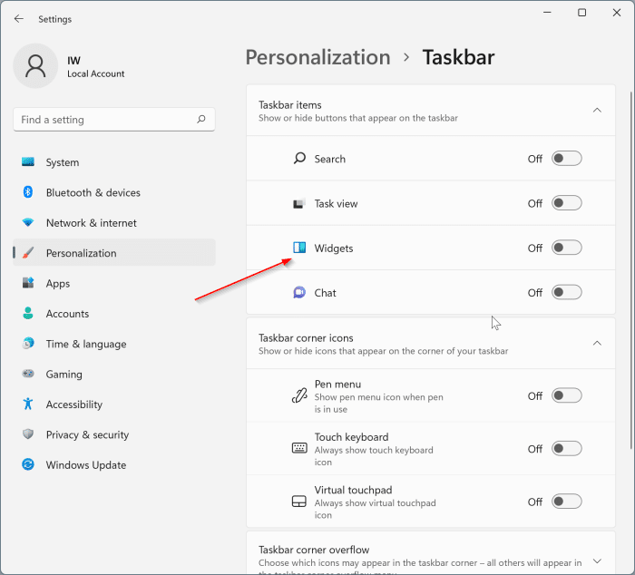Remover o ícone Widgets da barra de tarefas do Windows 11