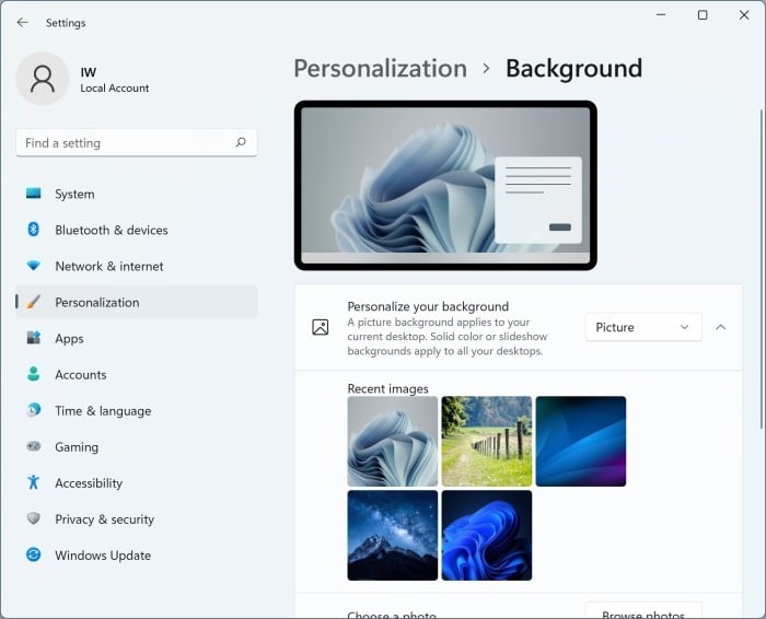 Altere manualmente o plano de fundo da área de trabalho mais uma vez