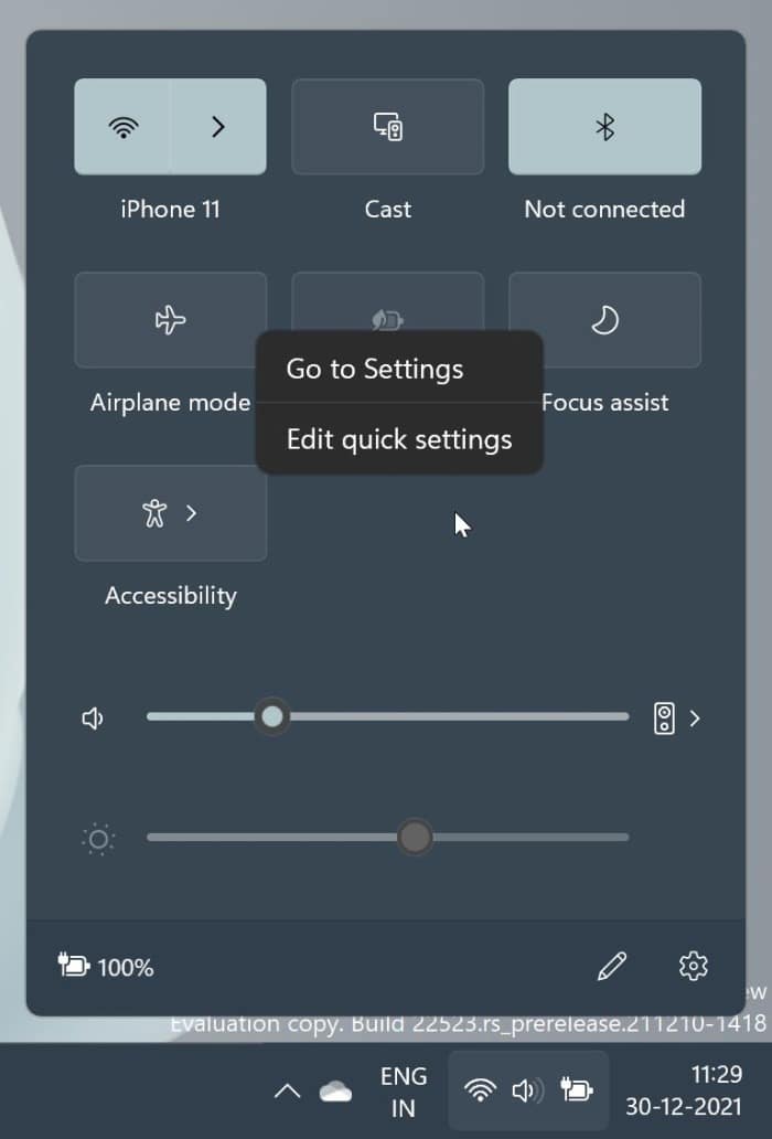 Adicionar novas configurações ao submenu Configurações rápidas do Windows 11