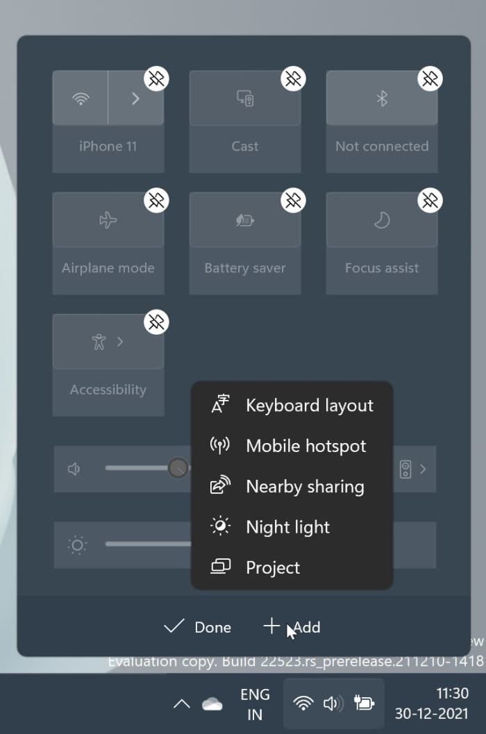 Adicionar novas configurações ao submenu Configurações rápidas do Windows 11