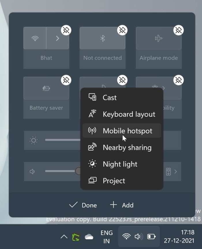 Como ativar ou desativar o Mobile Hotspot no Windows 11 3 Ative o hotspot móvel por meio de configurações rápidas no Windows 11