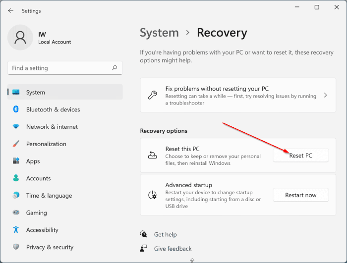 Redefinir o Windows 11 para as configurações de fábrica