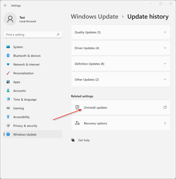 Desinstale as atualizações do Windows por meio do aplicativo Configurações no Windows 11