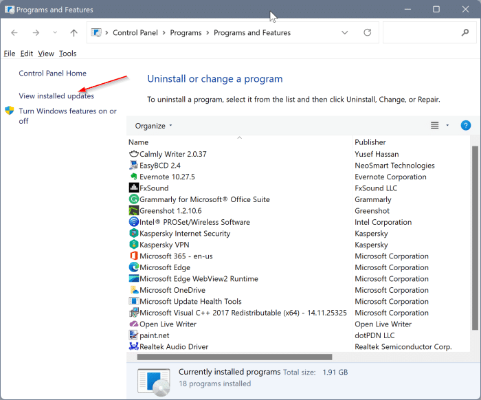 Desinstale as atualizações do Windows via painel de controle no Windows 11