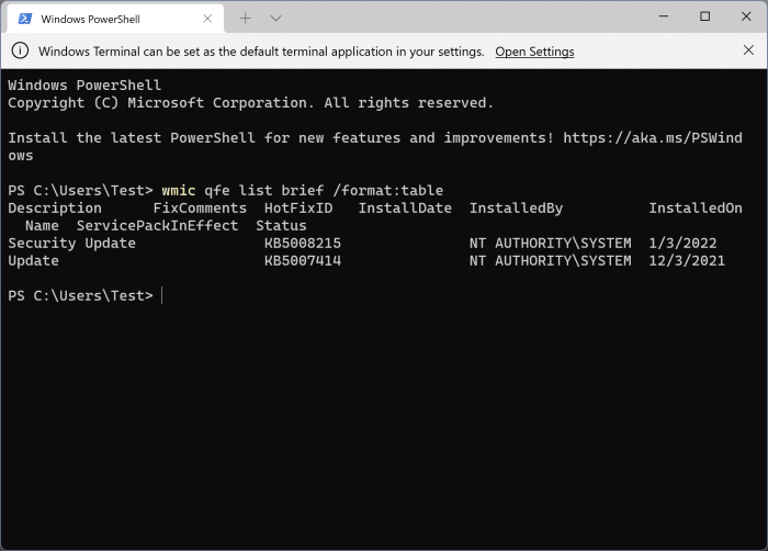 Desinstale as atualizações do Windows via Windows Terminal ou PowerShell