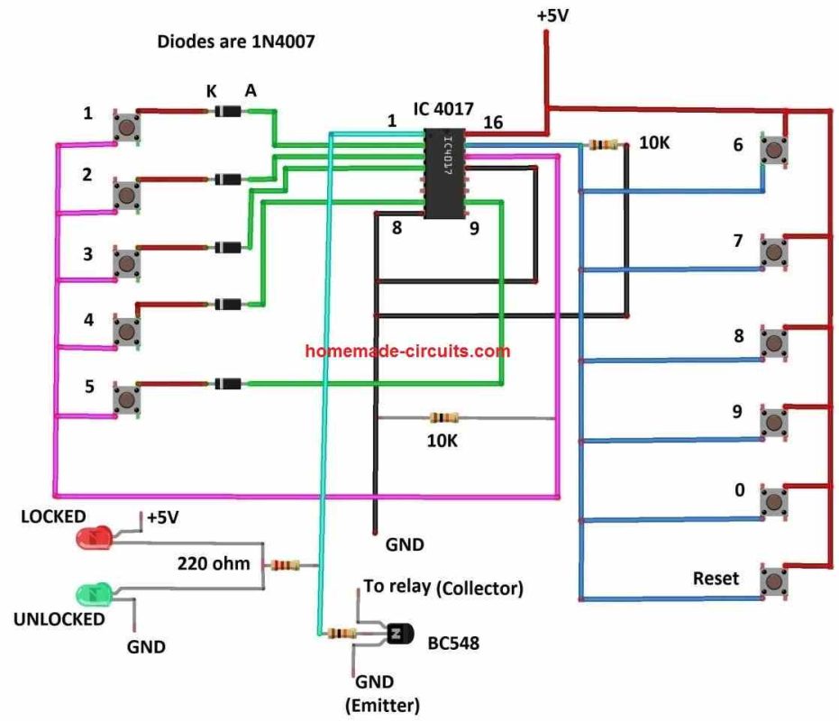 Circuito de bloqueio de senha usando IC 4017