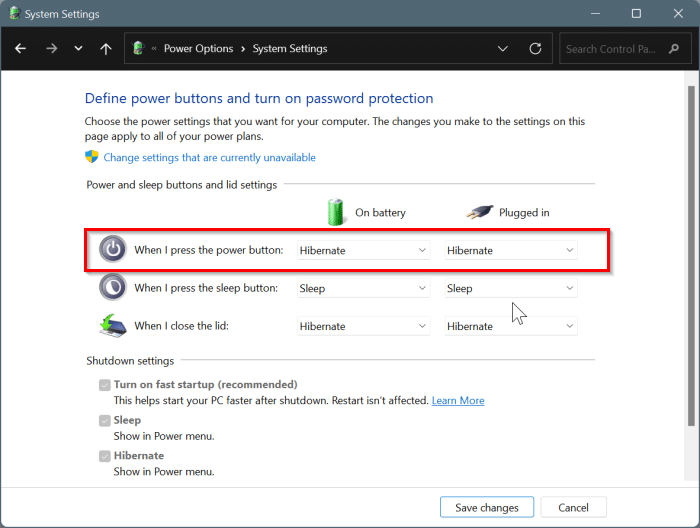 Use o botão liga / desliga para desligar ou hibernar o Windows 11 PC 4 Desligue, hiberne ou hiberne seu PC com Windows 11 com o botão liga / desliga