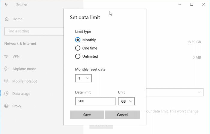 Definir limite de dados de rede