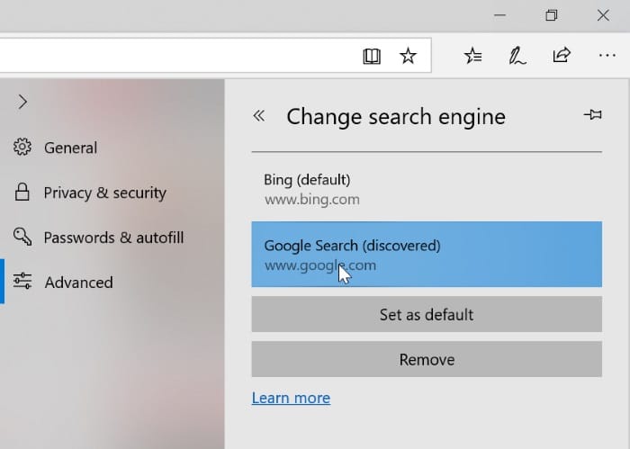 Alterar o mecanismo de pesquisa padrão no Microsoft Edge