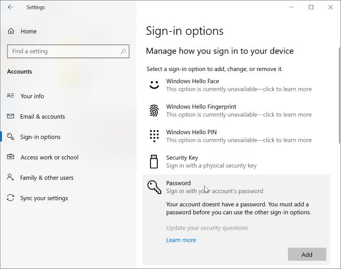 Como adicionar senha à conta de usuário local no Windows 10 2 Adicione a senha à sua conta local do Windows 10 por meio do aplicativo Configurações