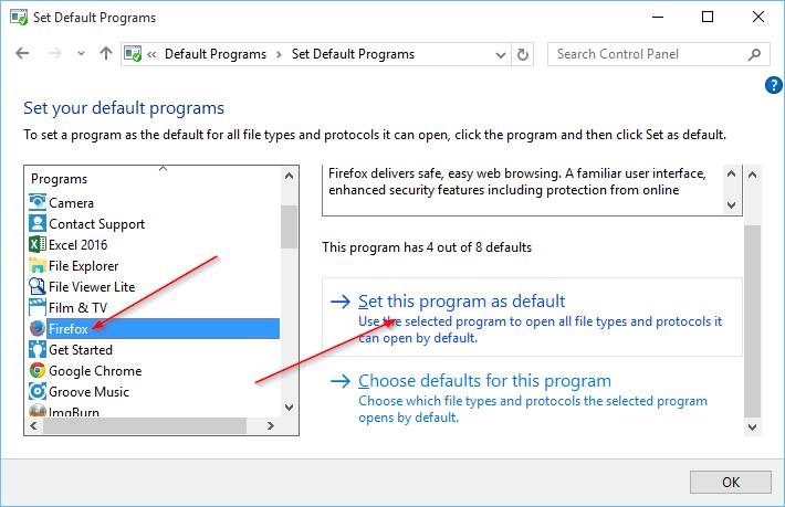 Altere o navegador padrão no Windows 10 usando programas padrão