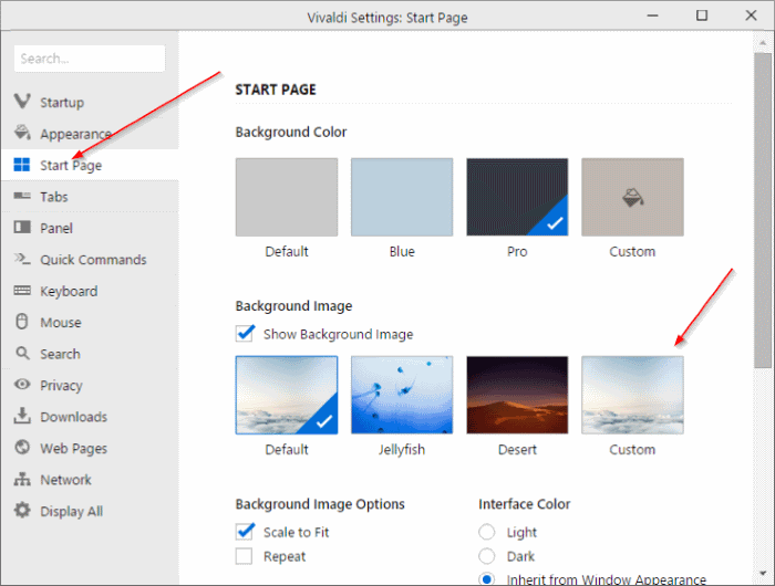 Alterar a página inicial do Vivaldi ou o plano de fundo da nova guia