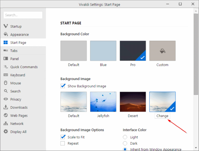 Alterar a página inicial do Vivaldi ou o plano de fundo da nova guia