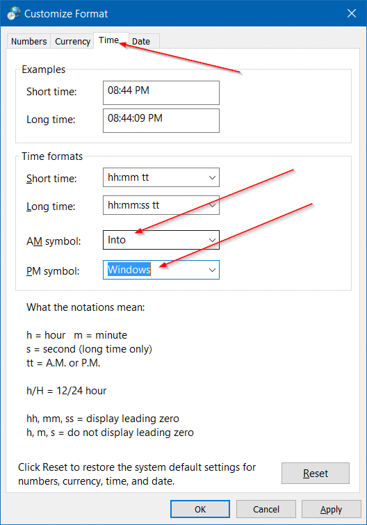 Personalize os símbolos AM e PM