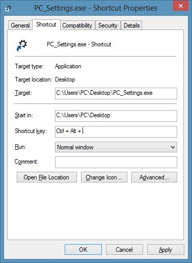 Como criar um atalho de teclado para abrir as configurações do PC no Windows 8