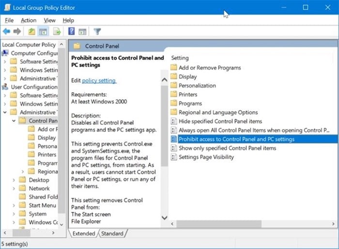 Como ativar ou desativar as configurações e o painel de controle no Windows 10 2 Ativar ou desativar Configurações e Painel de Controle por meio da Diretiva de Grupo