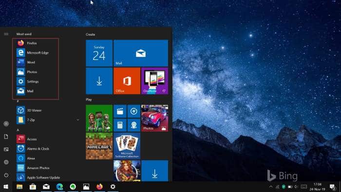 Ative ou desative os aplicativos mais usados ​​no menu Iniciar no Windows 10
