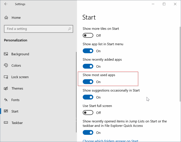 Ative ou desative a lista de mais usados ​​no Windows 10 Start