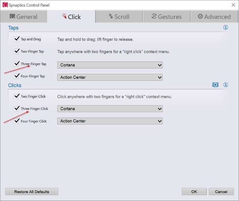 Ative ou desative o toque com três dedos ou clique para iniciar a Cortana