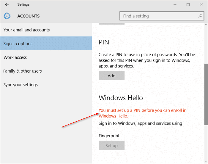Correção: Configuração de impressão digital acinzentada no Windows 10 3 Configure o PIN primeiro