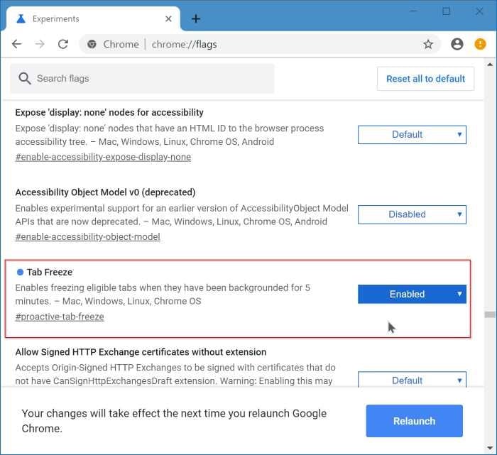 Ativar ou desativar o congelamento de guias no Google Chrome