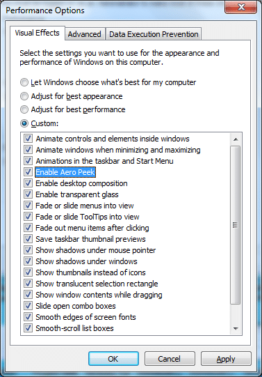 Habilite Use Peek para visualizar a opção de área de trabalho no Windows 7/8/10
