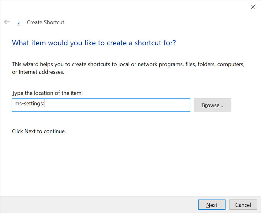Criar atalho do aplicativo Configurações na área de trabalho do Windows 10
