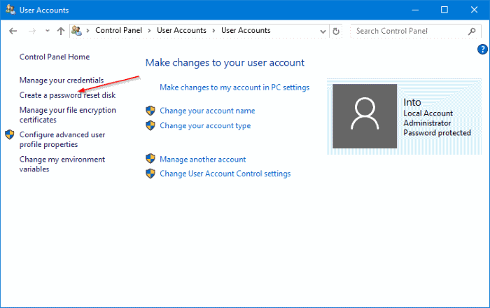Criando um disco de redefinição de senha em uma unidade USB no Windows 10