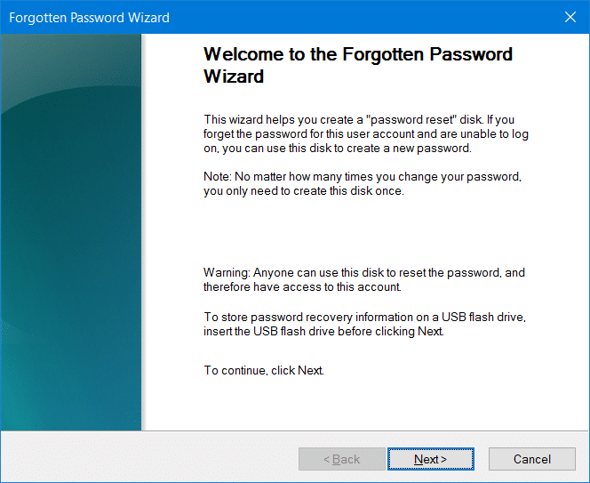 Criando um disco de redefinição de senha em uma unidade USB no Windows 10
