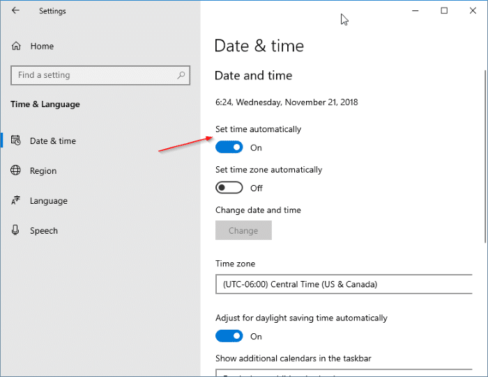 Correção: data e hora erradas no Windows 10 3 Desligue e ligue Definir hora automaticamente