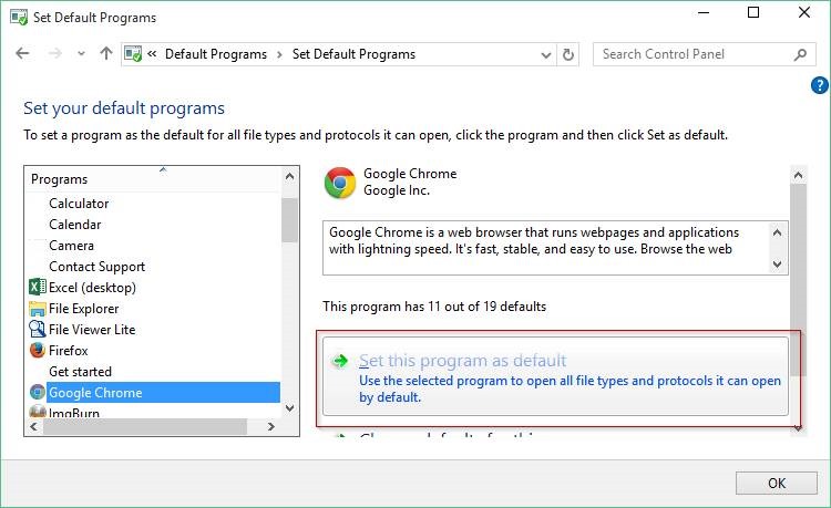 Torne o Chrome o padrão usando Programas padrão