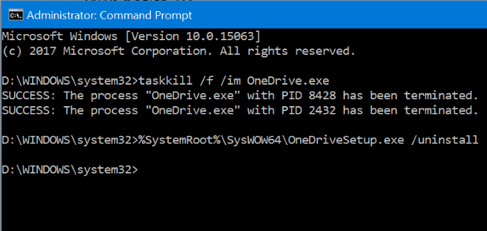 Desinstale o OneDrive usando o prompt de comando