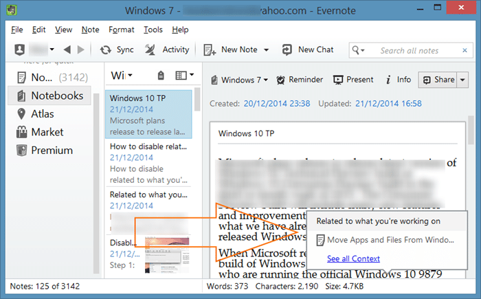 Desabilite a sugestão “Relacionado ao que você está trabalhando” no Evernote