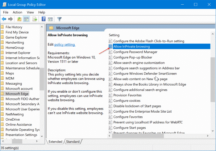 Desabilitar o modo InPrivate por meio da Diretiva de Grupo