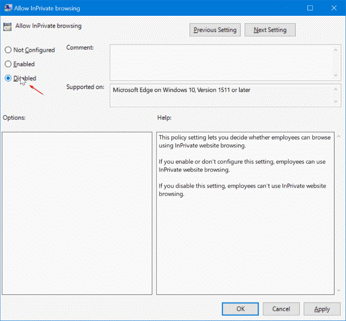 Desabilitar o modo InPrivate por meio da Diretiva de Grupo