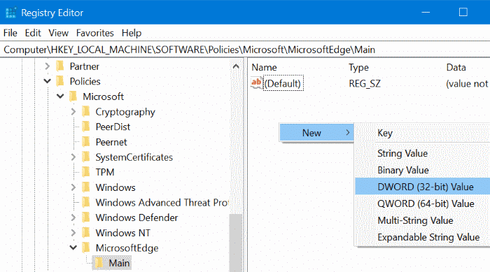 Desative a navegação InPrivate via Registro