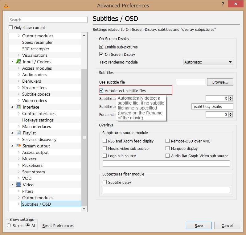 Impeça o VLC de detectar legendas automaticamente