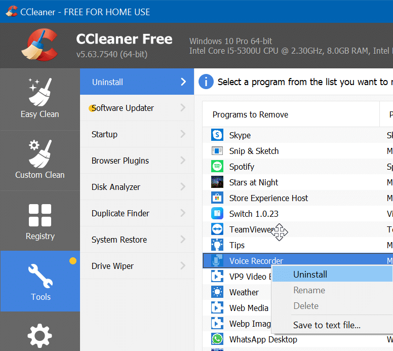 Como desinstalar aplicativos padrão no Windows 10 7 Desinstale aplicativos padrão usando o CCleaner