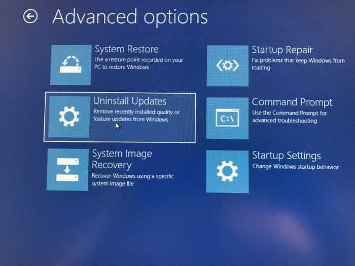 Desinstale as atualizações do Windows 10 por meio de opções avançadas de inicialização