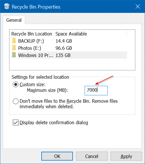 Alterar o tamanho da Lixeira
