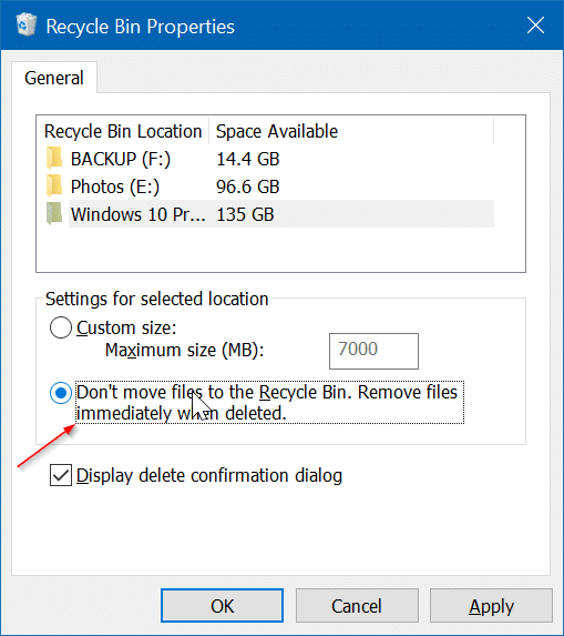 Desative ou desative a Lixeira