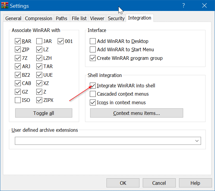 Adicionar entrada WinRAR ausente no menu de contexto do botão direito