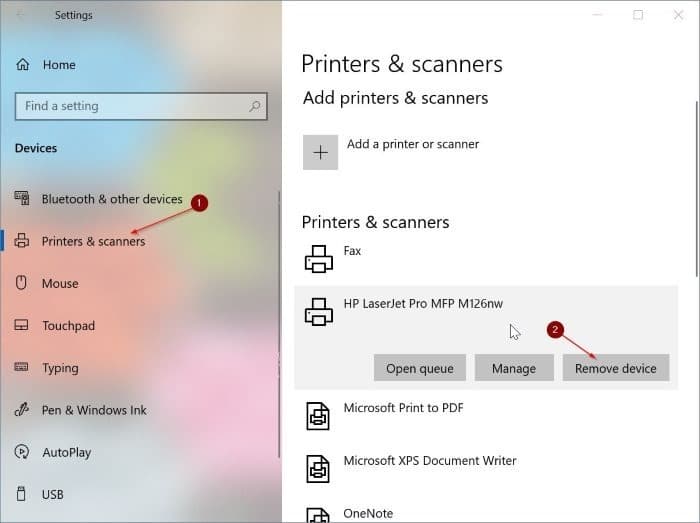 Erro de congestionamento de impressora no Windows 10, mesmo após a remoção do papel da impressora 1 Remova e adicione a impressora nas configurações
