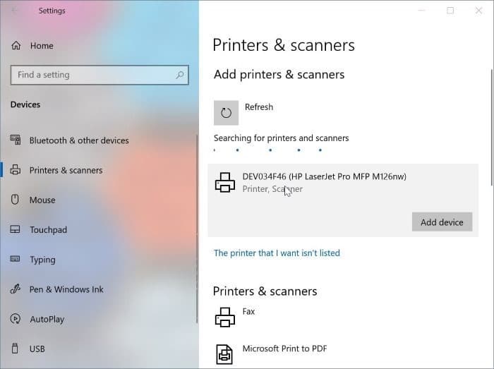 Erro de congestionamento de impressora no Windows 10, mesmo após a remoção do papel da impressora 3 Remova e adicione a impressora nas configurações