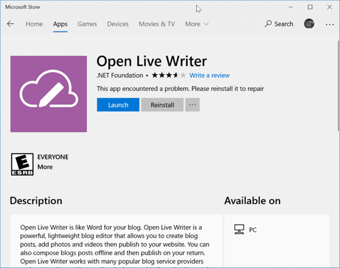 Este aplicativo não pode abrir.  Verifique a Windows Store para obter mais informações