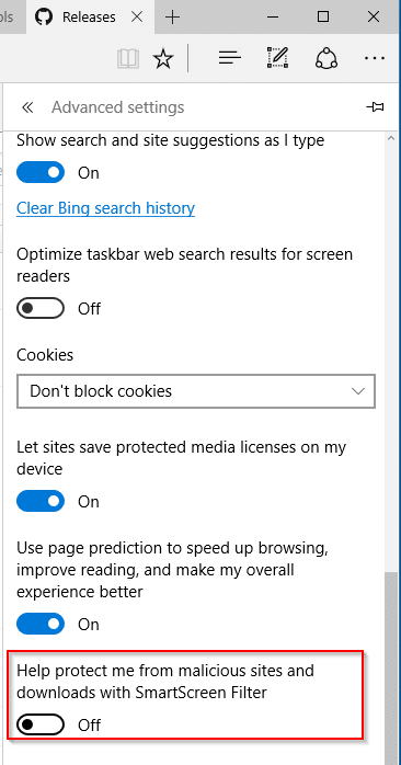 Desative o SmartScreen no Edge