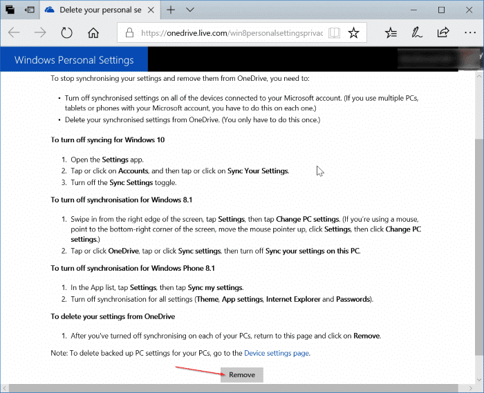 Excluir dados de configurações de sincronização da conta da Microsoft
