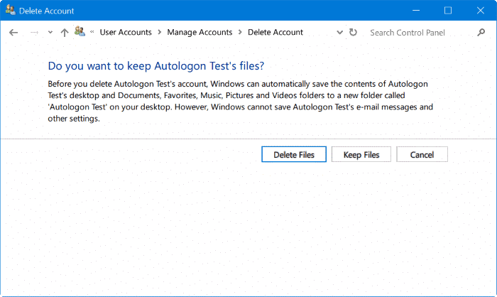 Excluir conta de administrador através do Painel de Controle