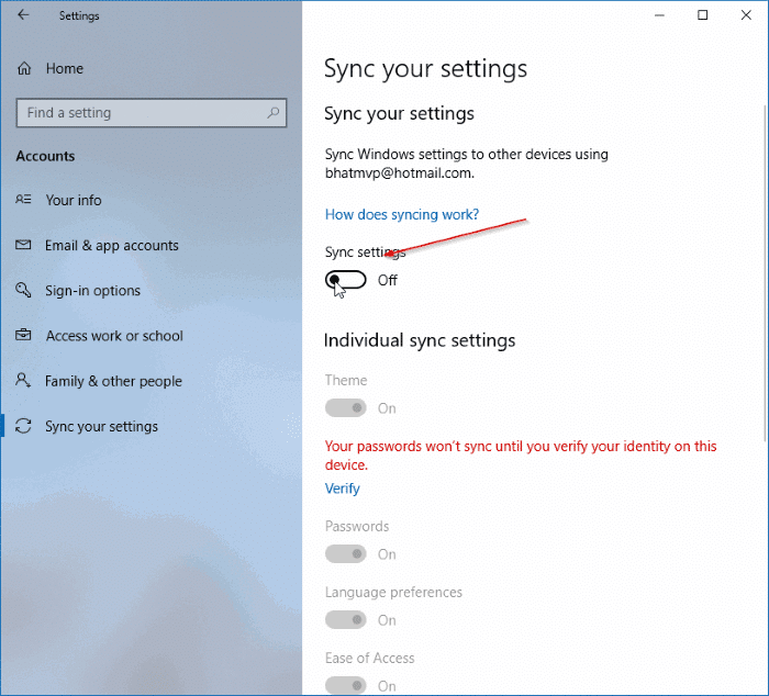 Excluir dados de configurações de sincronização da conta da Microsoft