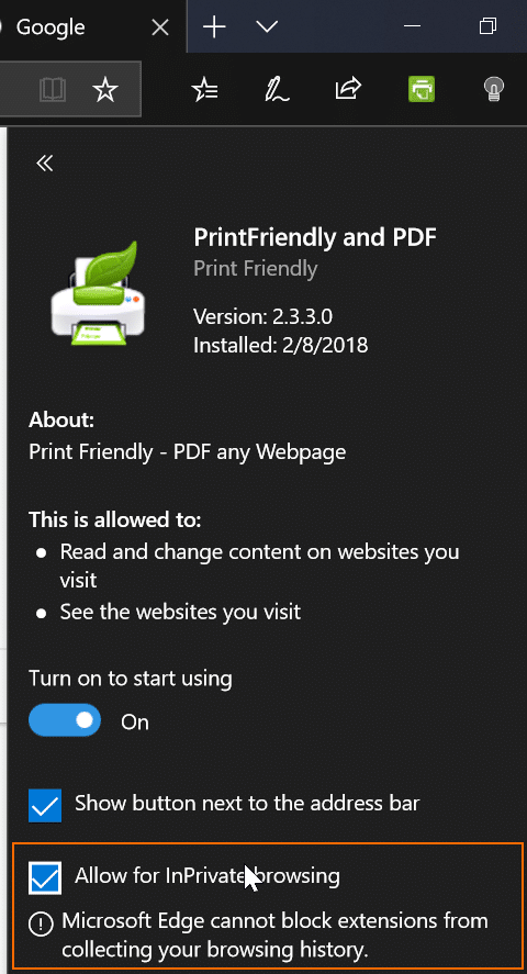 Habilitar extensões para o modo InPrivate no Edge